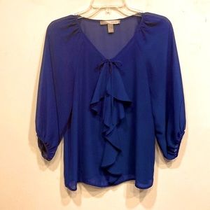 Forever 21 Women XS Sheer Blue Ruffled Tie Closure V-Neck 3/4 Sleeve Blouse